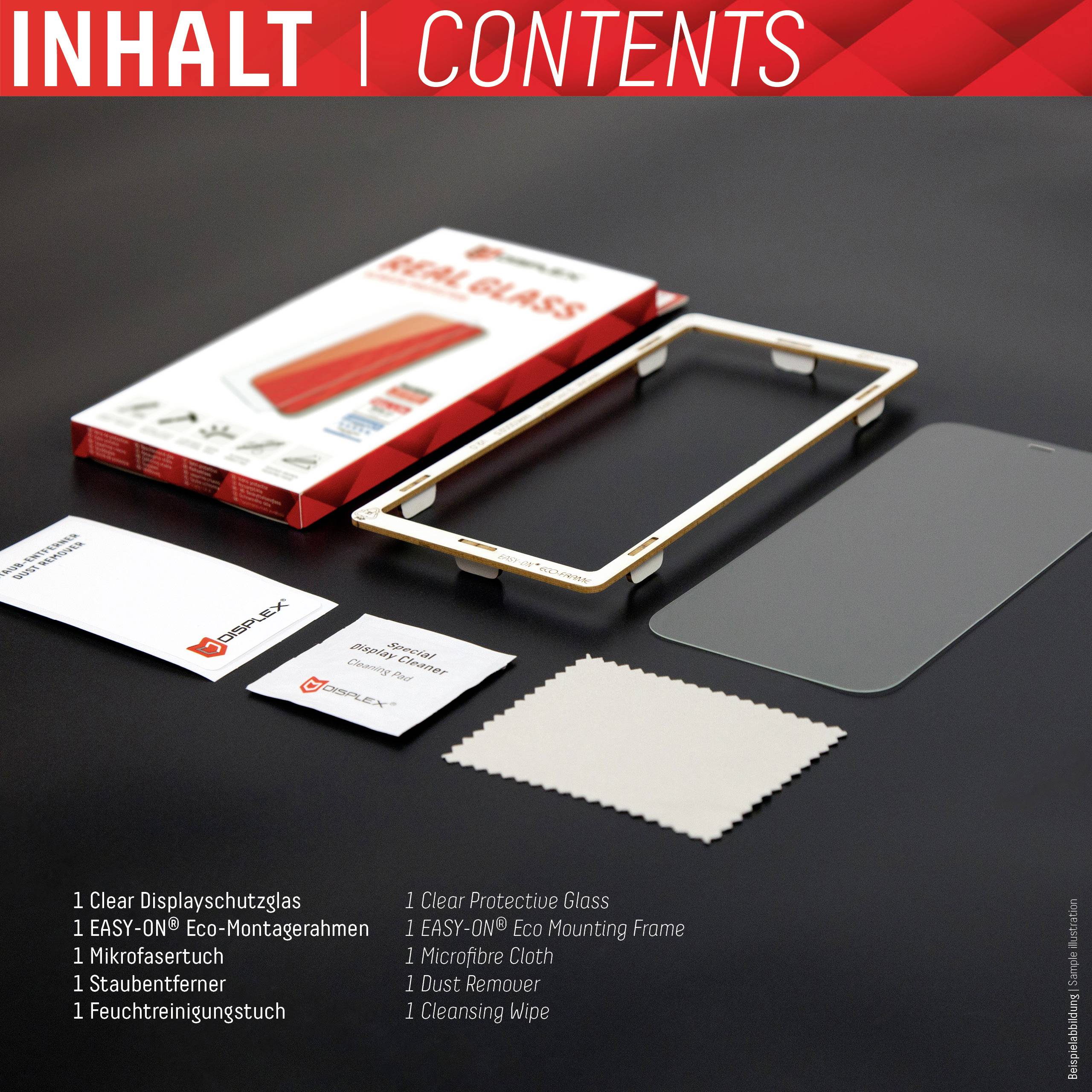 'INHALT | CONTENTS' zeigt: Displayschutzglas, Montagerahmen, Mikrofaserreinigungstuch, Staubentferner, Feuchtreinigungstuch.