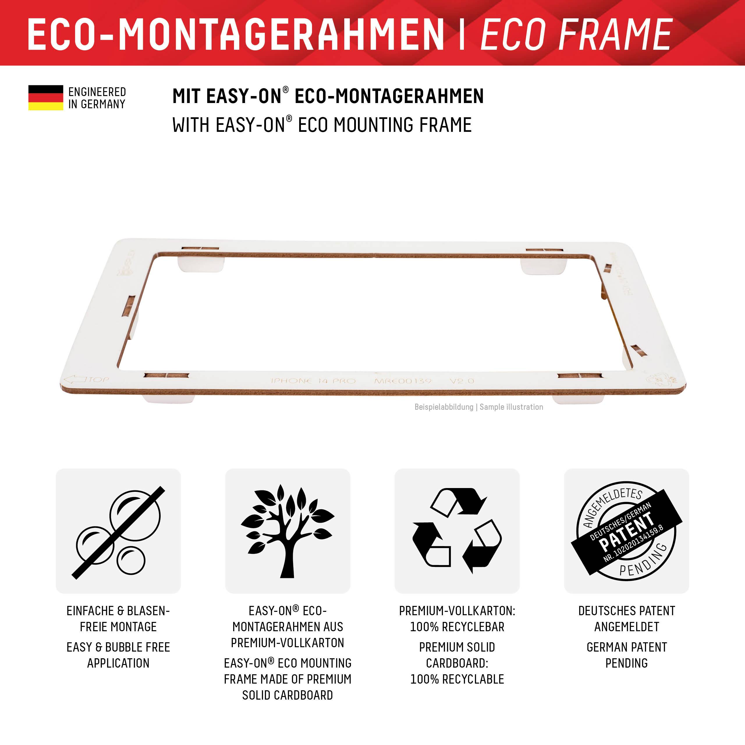 'Eco-Montagerahmen' aus Premium-Karton, einfache montage. Deutsche Patent Auszeichnung. Oben rot, deutsche Flagge links.