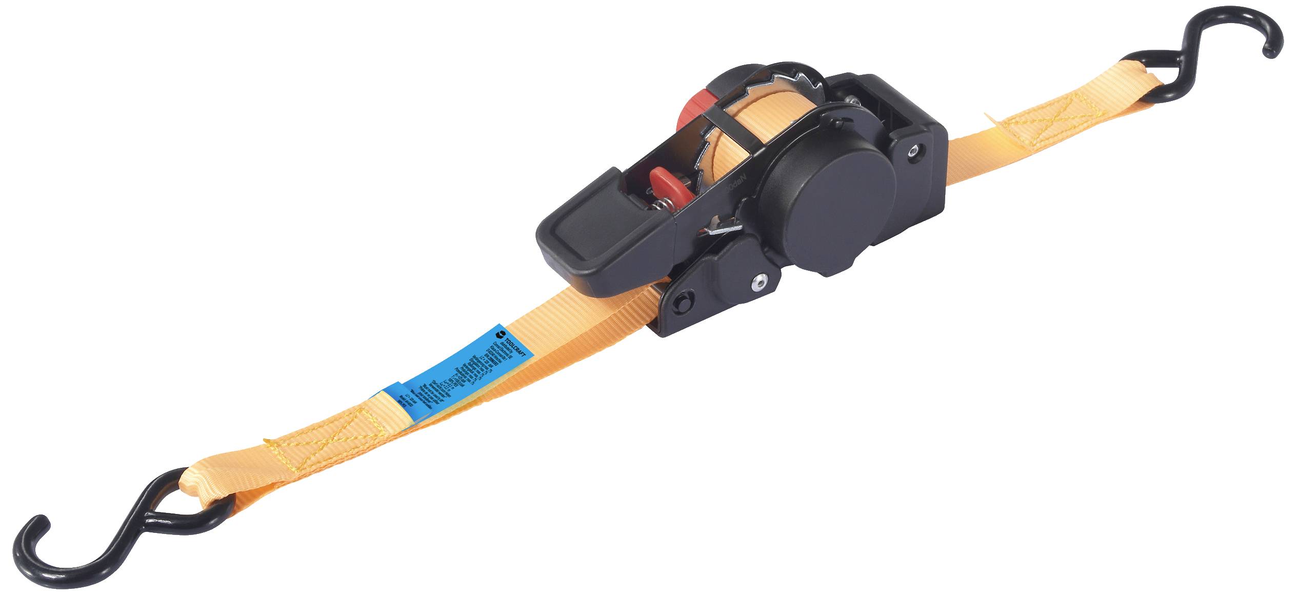 Ratsche und Spanngurt mit Haken, zum Sichern von Lasten. Der Gurt ist orange und mit einer schwarzen Ratsche ausgestattet.