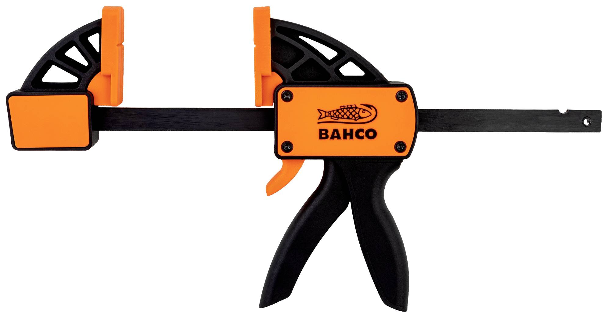 Eine orange-schwarze Schraubzwinge der Marke Bahco, mit ergonomischem Griff und Schnellspannmechanismus, auf weißem Hintergrund.