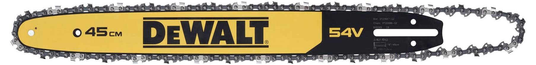 Motorsägenblatt von DeWalt mit der Aufschrift '54V' und '45 cm'. Es ist gelb mit schwarzem Hintergrund.