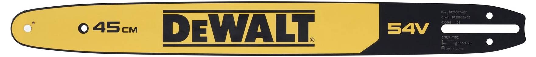 Kettenschwert einer Motorsäge, gelb und schwarz, mit 'DEWALT'-Logo. Länge: 45 cm, 54 Volt.