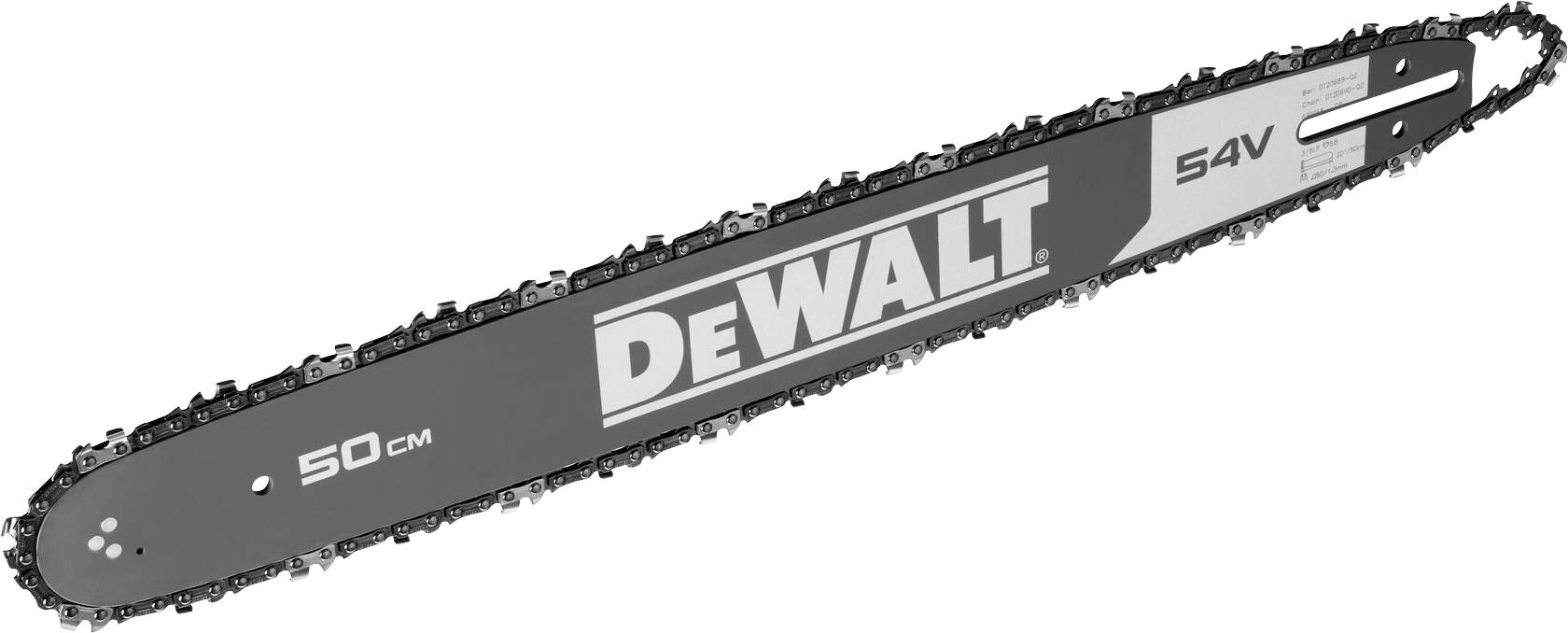 Elektrokettensäge mit 50 cm Schwertlänge und 54V Aufschrift, geeignet für Holzarbeiten.