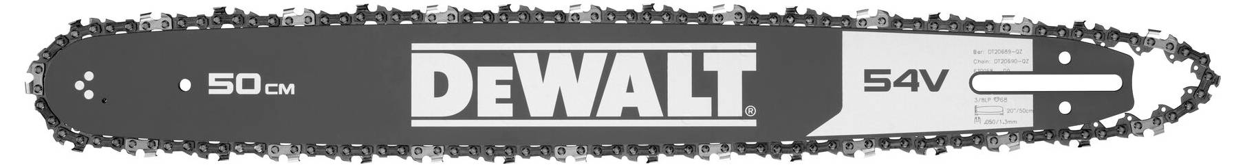 Sägeschiene einer Motorsäge mit der Aufschrift 'DEWALT', Länge 50 cm und Spannung 54V.