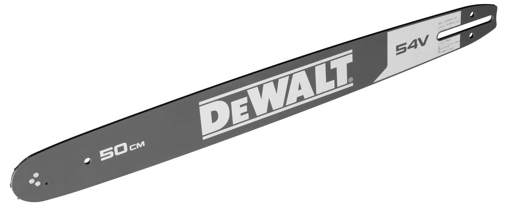 Sägeblatt mit der Aufschrift 'DEWALT', 54 V, und Länge von 50 cm.