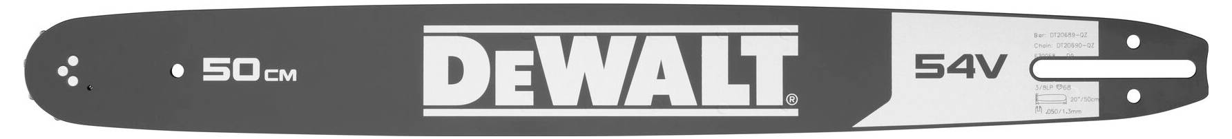 Sägekette mit der Aufschrift 'DEWALT', Länge 50 cm, Spannung 54V.