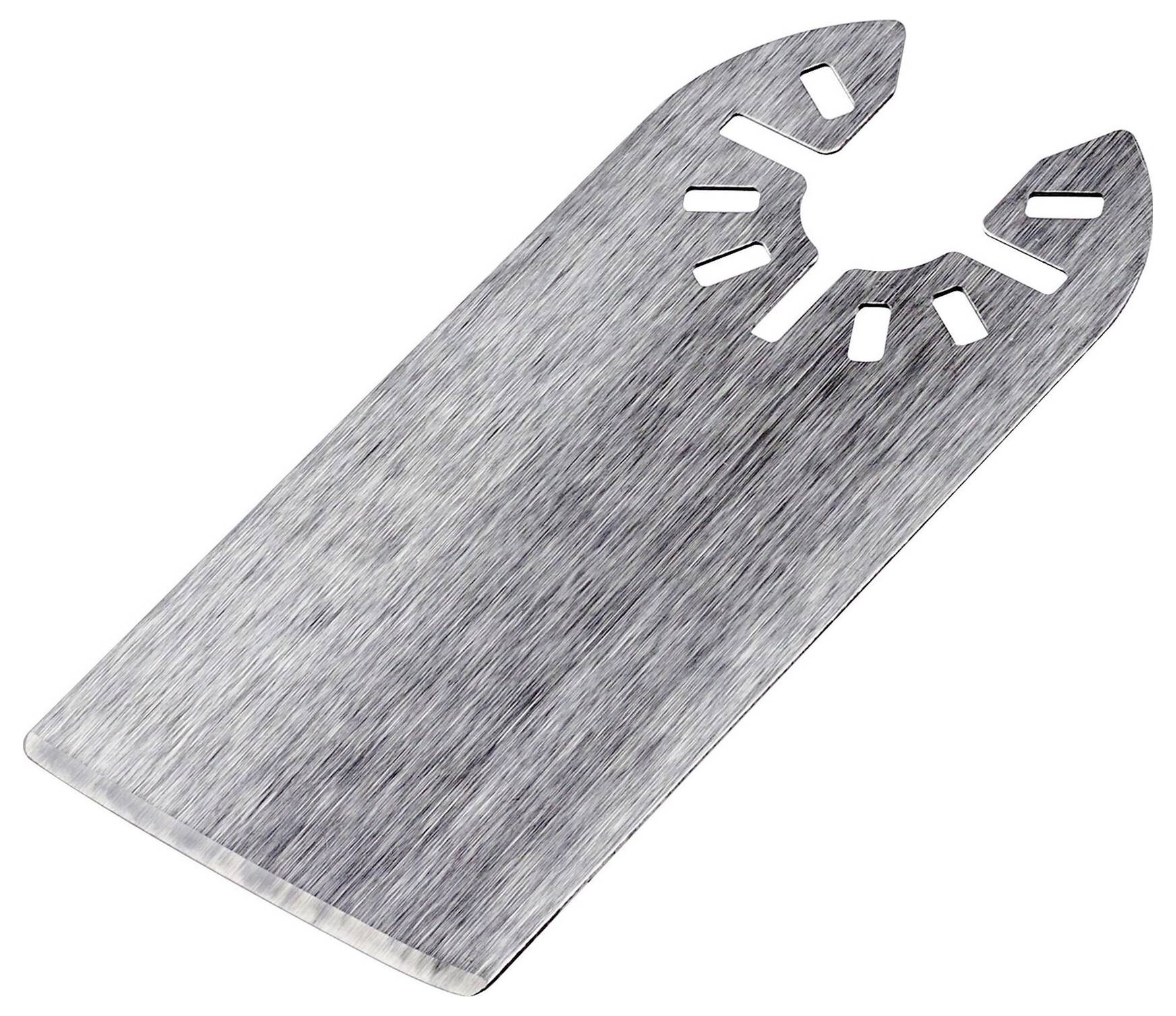 Ein graues oszillierendes Sägeblatt aus Metall mit abgerundeter Spitze und mehreren kleinen rechteckigen Löchern an einem Ende.