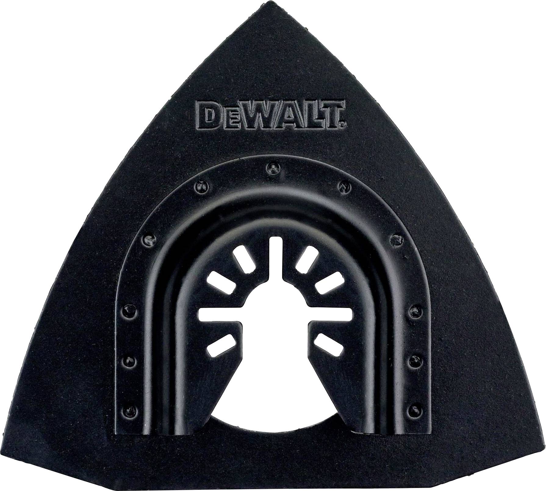 Dreieckiges Schleifpapier von DEWALT, geeignet für Maschinen mit Multitool-Aufnahme, schwarze Farbe, für effizientes Schleifen.