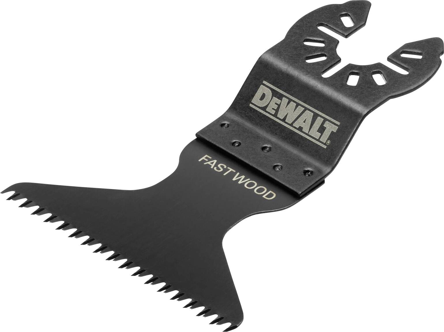Ein schwarzes Sägeblatt der Marke DeWalt mit der Aufschrift 'FAST WOOD'. Designt für schnelle Holzschnitte, metallisches Finish.