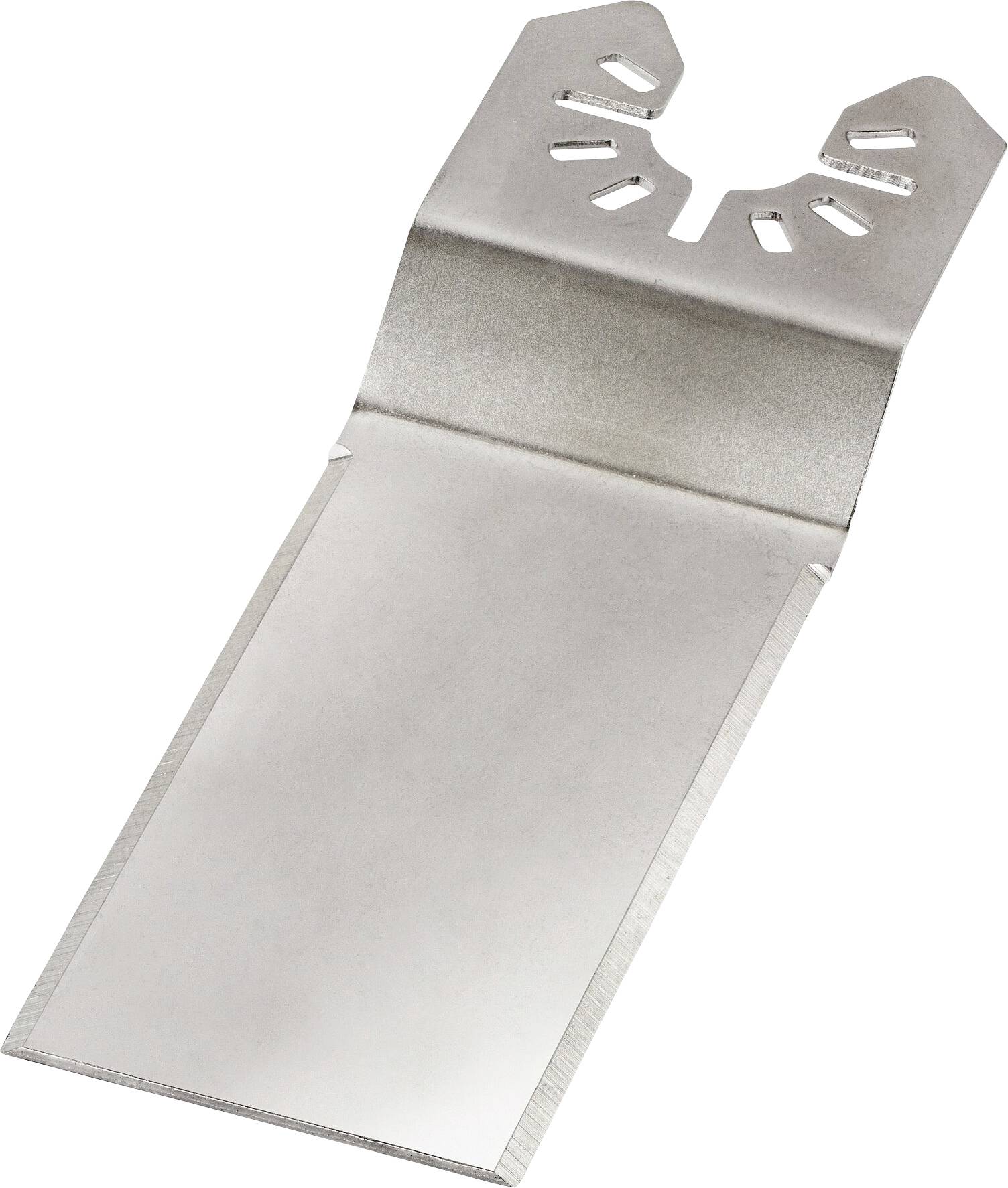 Ein silbernes Metallteil mit einer flachen, rechteckigen Basis und einem oberen Abschnitt mit Aussparungen, möglicherweise zur Befestigung.