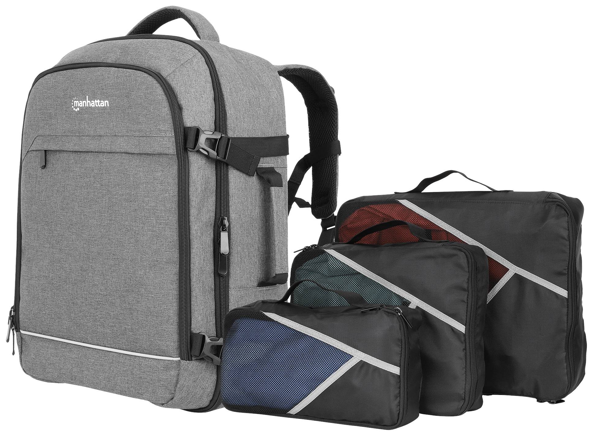 Grauer Rucksack mit schwarzem Griff, begleitet von drei schwarzen Packtaschen mit farbigen Streifen in Rot, Grün und Blau.