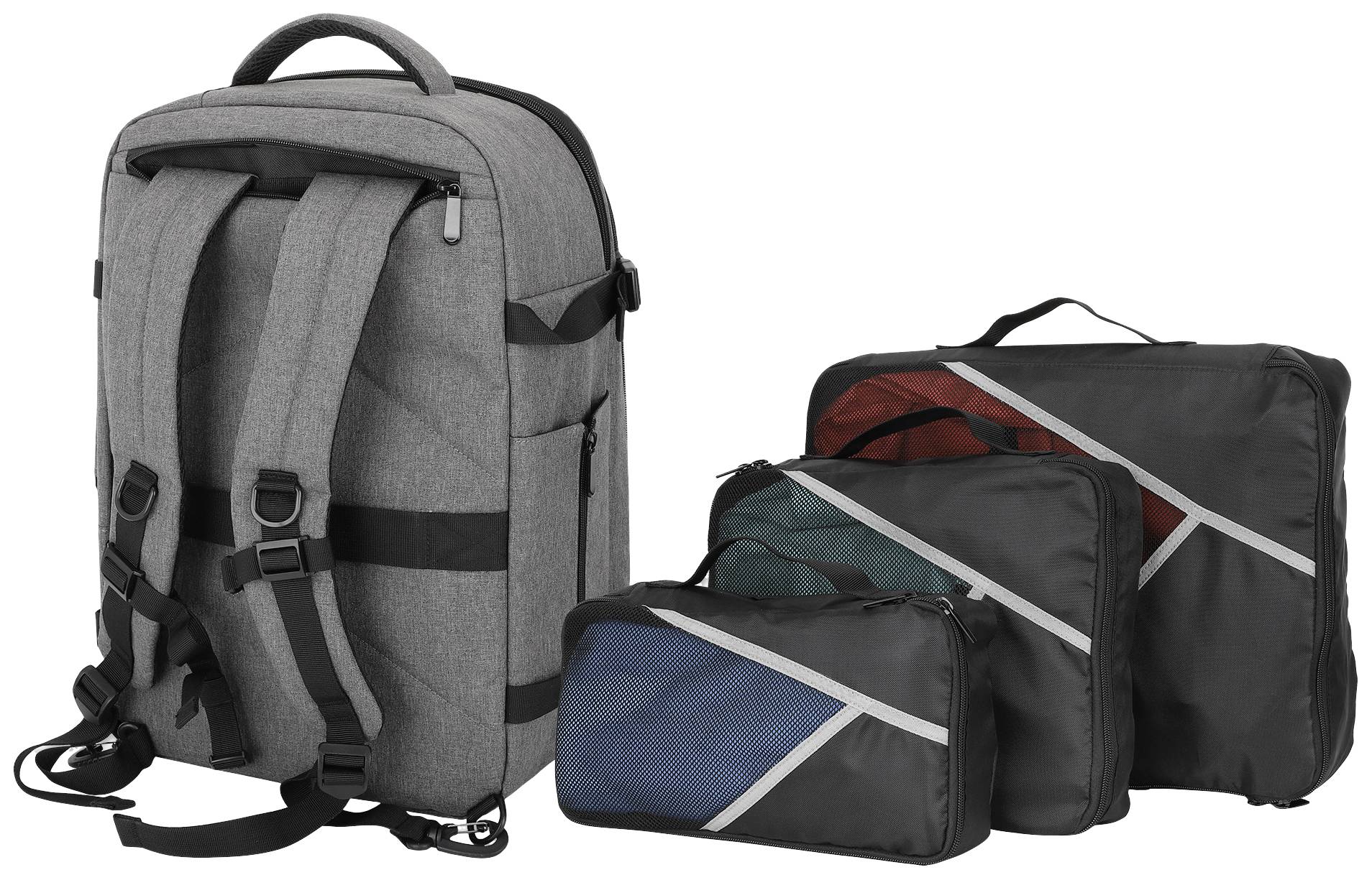 Ein grauer Rucksack mit zwei Schulterriemen und drei unterschiedlich großen, schwarzen Taschen mit diagonalen Streifen.