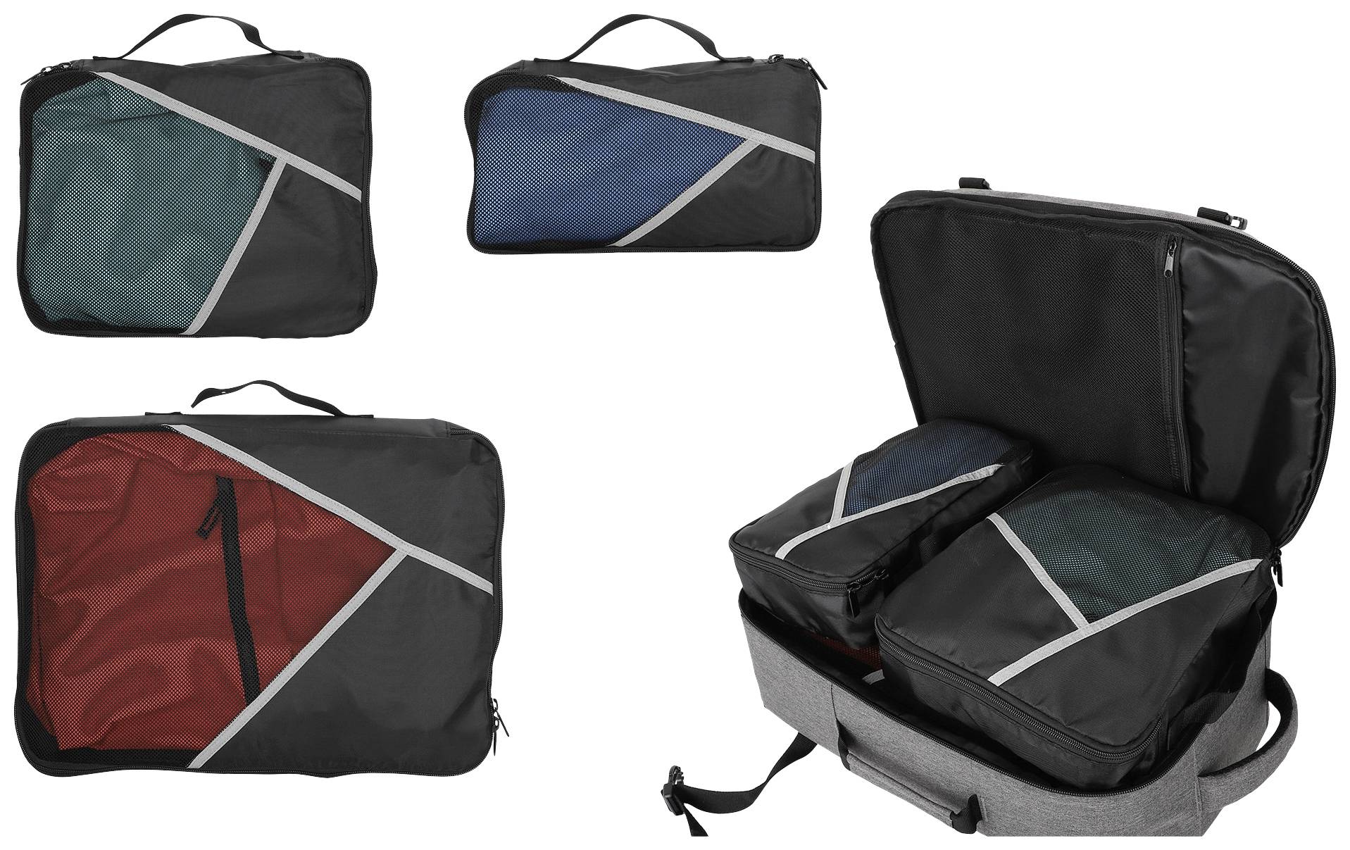Drei farbige Packtaschen (grün, blau, rot) und ein offener Rucksack mit zwei Taschen darin. Taschen dienen zur organisierten Aufbewahrung.