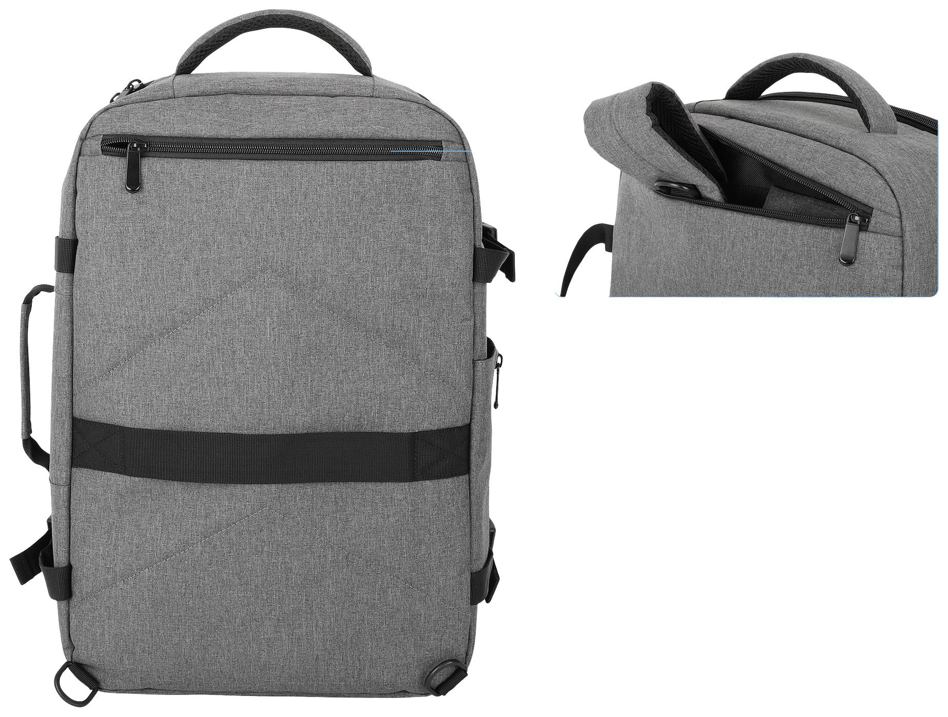 Grauer Reise-Rucksack mit schwarzem Reißverschluss und zusätzlichen Fächern, geeignet für Business und Freizeit.