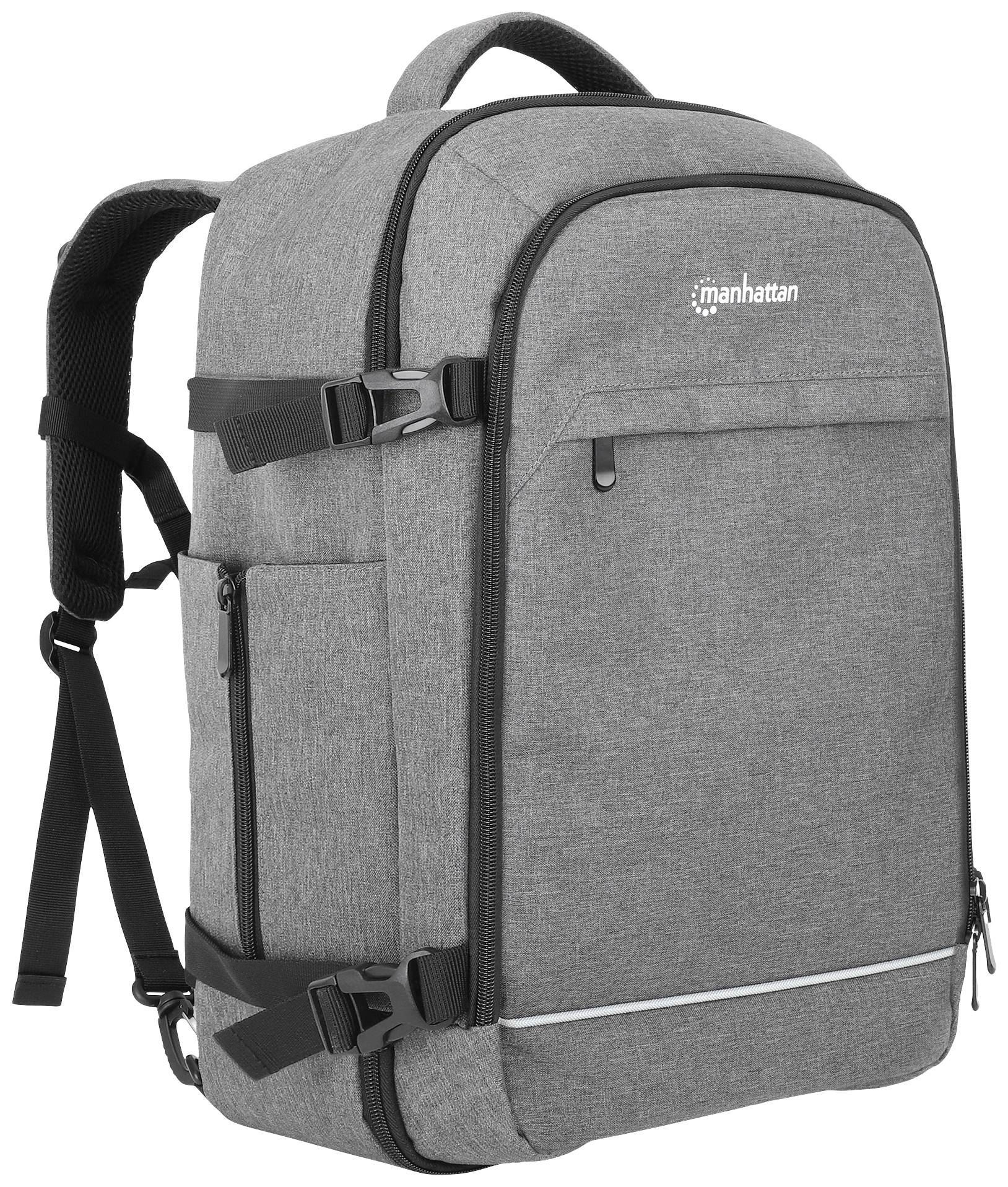Ein grauer Rucksack mit mehreren Reißverschlusstaschen und gepolsterten Trägern, ideal für Reisen oder den täglichen Gebrauch.