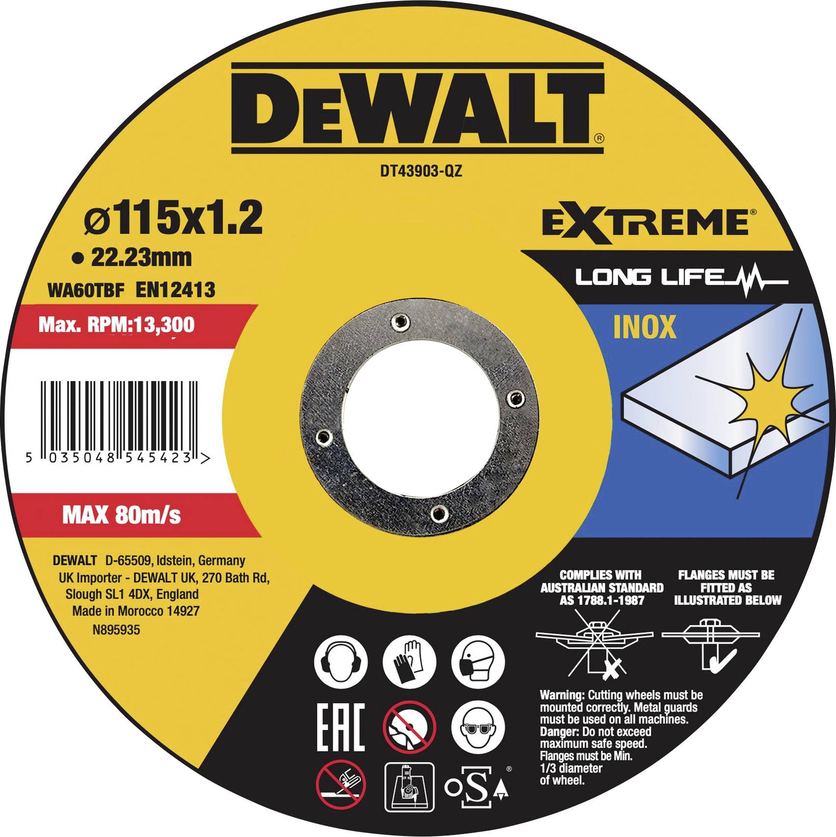 Kreissägeblatt von DeWalt, Modell 'Extreme Long Life', Ø115x1.2 mm für Metallbearbeitung. Drehzahl max. 13.300 U/min, max. 80 m/s.