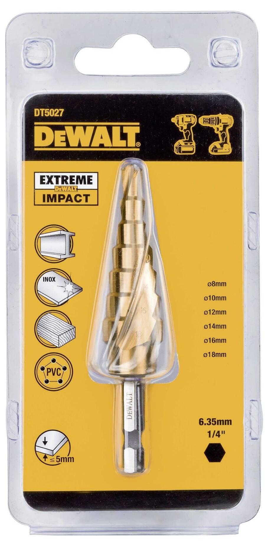 Verpackung zeigt einen Dewalt Stufenbohrer für extreme Anwendungen, geeignet für Metall, Edelstahl, PVC; Größenbereich 4-20mm.