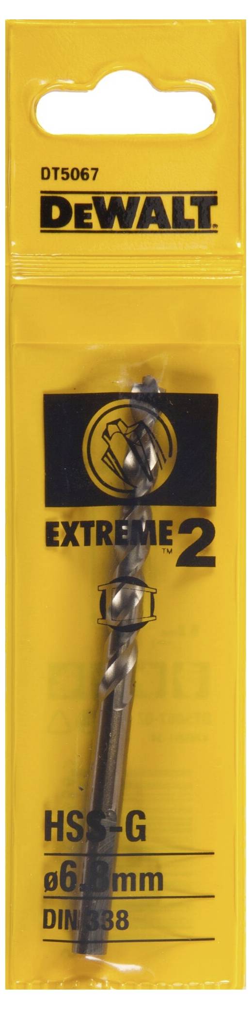 Bohrer von Dewalt im Blisterpack, geeignet für Holz und Metall. Aufschrift: 'EXTREME 2', Durchmesser 6,5 mm, DIN 338.