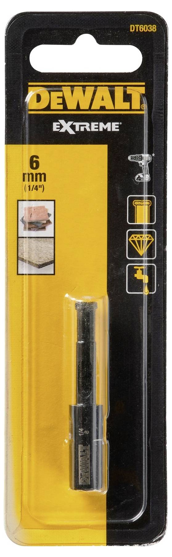 SDS-Plus Bohrer von DeWalt, 6 mm, geeignet für Mauerwerk und Beton. Verpackung zeigt Produktdetails und Anwendungsbilder.