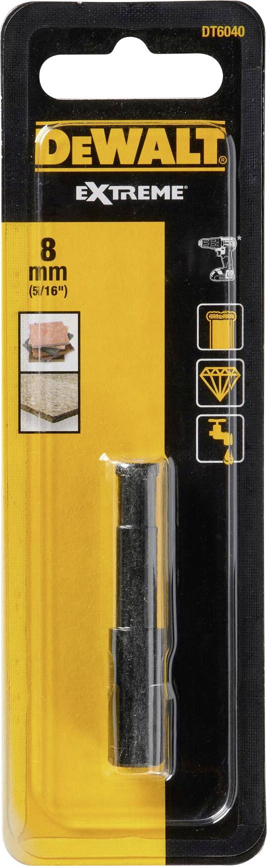 Ein 8 mm DeWalt Extreme Bohrer für Stein, Metall und Mauerwerk. Verpackung zeigt Bohrerbild, Anwendungssymbole und Maßangabe.