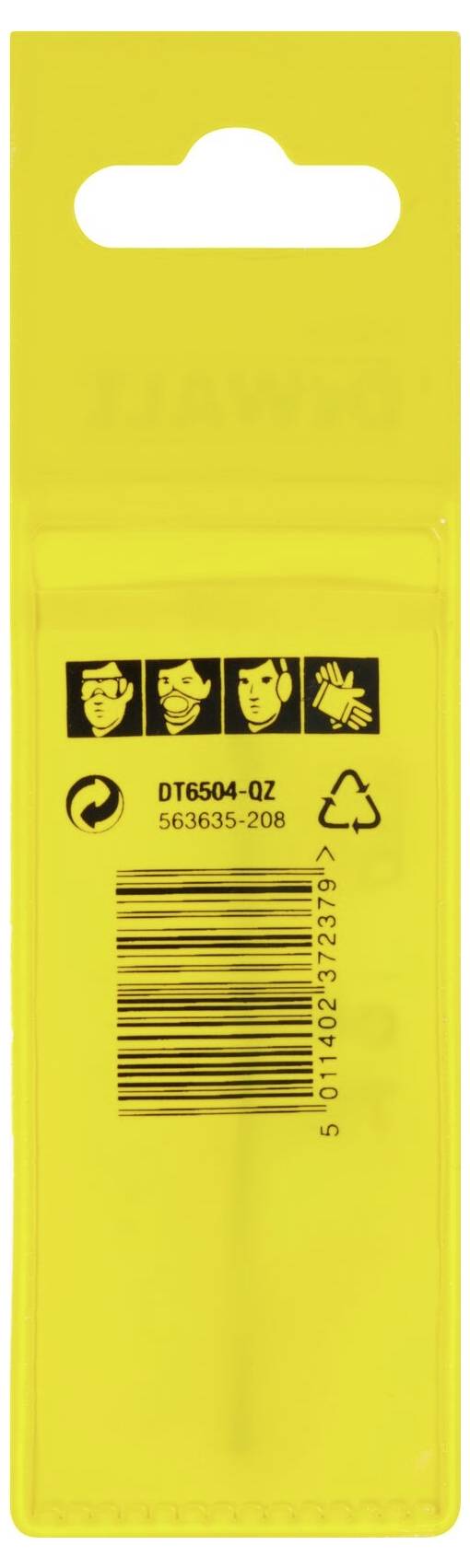Gelbe Verpackung mit Anweisungen, Bildern von Schutzbrille und Handschuhen, Barcode und Recycling-Symbol.