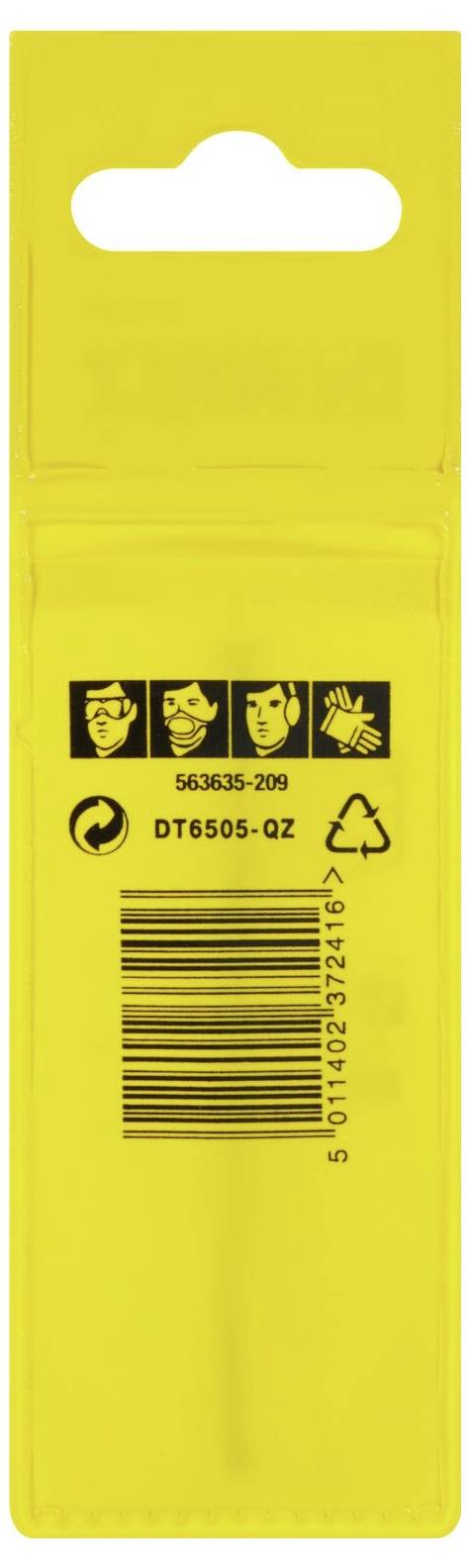 Eine gelbe Verpackung mit Icons: Schutzbrille, Atemschutz, Gehörschutz und Handschutz. Enthält ein Recycling-Symbol und einen Barcode.
