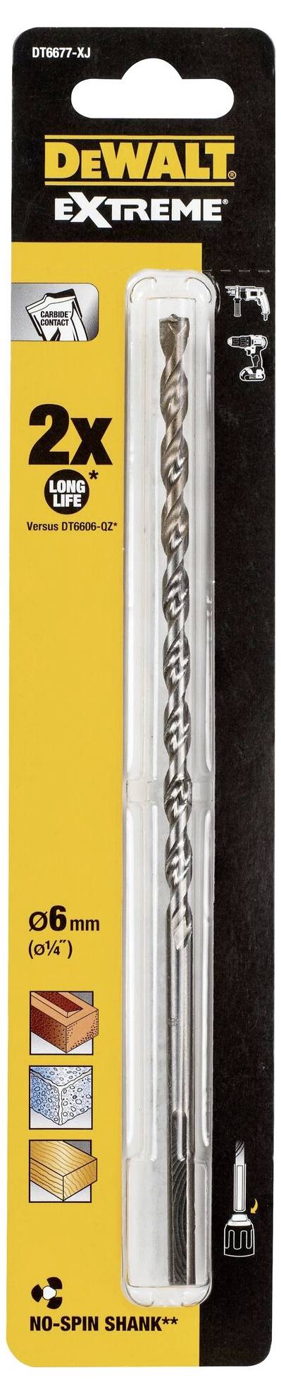 Verpackung eines DEWALT Extrem-Bohrers, 6 mm. Eignet sich für Holz, Metall und Beton. Enthält zwei Bohrer und betont schnelles Bohren.