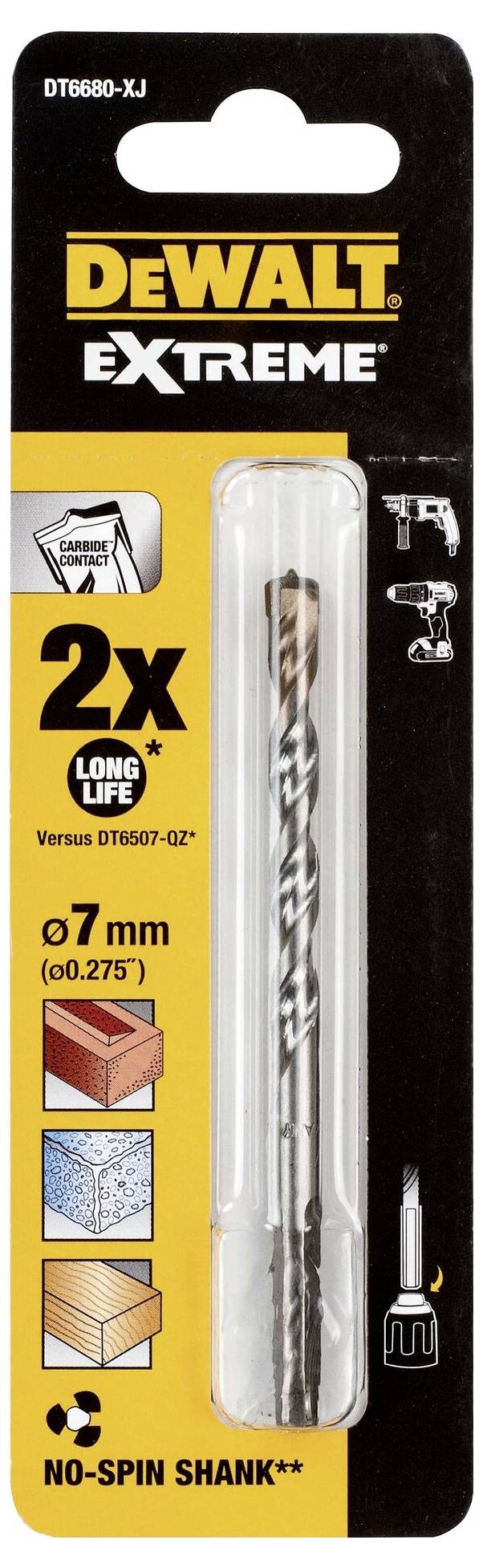 'DEWALT Extreme' Bohrer-Verpackung mit 7 mm Bohrer für Metall, Kunststoff, Holz und Mauerwerk. Verspricht doppelte Lebensdauer.