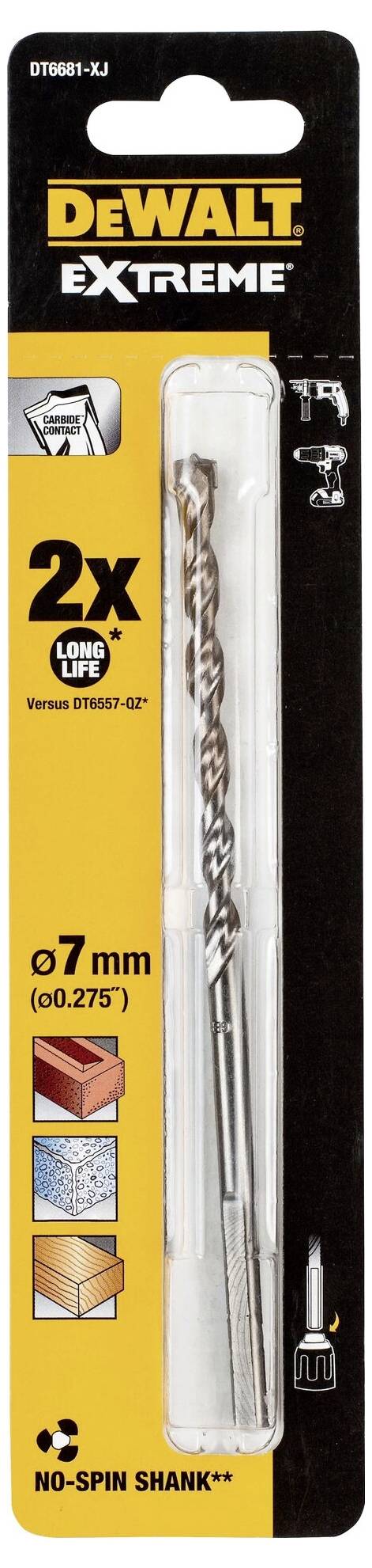 'DeWalt Extreme' Bohrer-Verpackung mit einem Bohrer. Geeignet für Metall, Holz und Stein. Durchmesser: 7mm. 'No-spin shank' erwähnt.