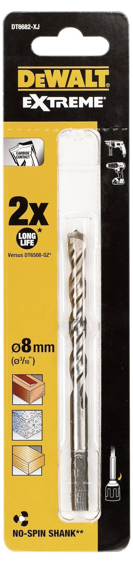 Bohrer-Verpackung der Marke Dewalt, Typ 'Extreme', mit 8 mm Durchmesser. Enthält Symbole für verschiedene Materialien und Funktionen.