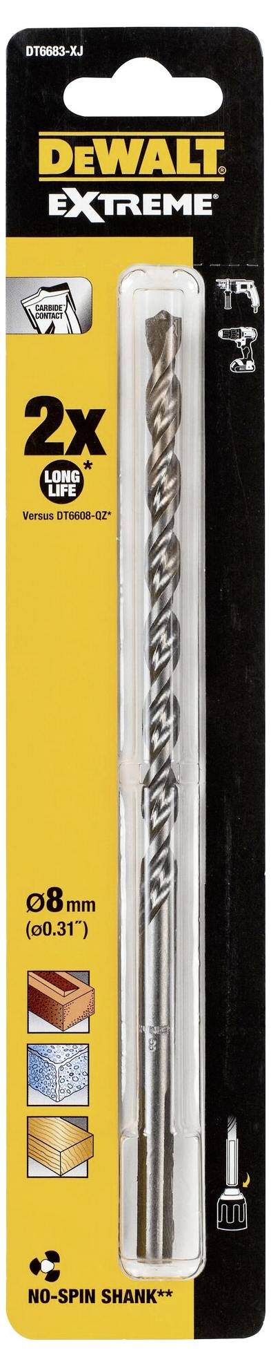 'DeWalt Extreme Bohrer', 8mm, „2x“ schneller. Geeignet für Metall, Holz, Beton. Verpackung zeigt Anwendungsbeispiele oben links.