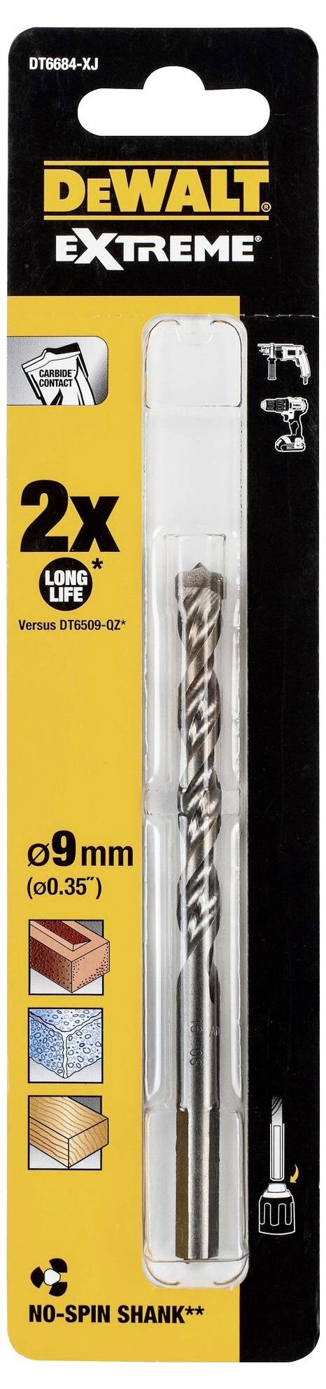 Bohrerpackung von Dewalt mit zwei 9 mm Stahlbohrern für diverse Materialien, inklusive 'No-Spin Shank' Funktion.