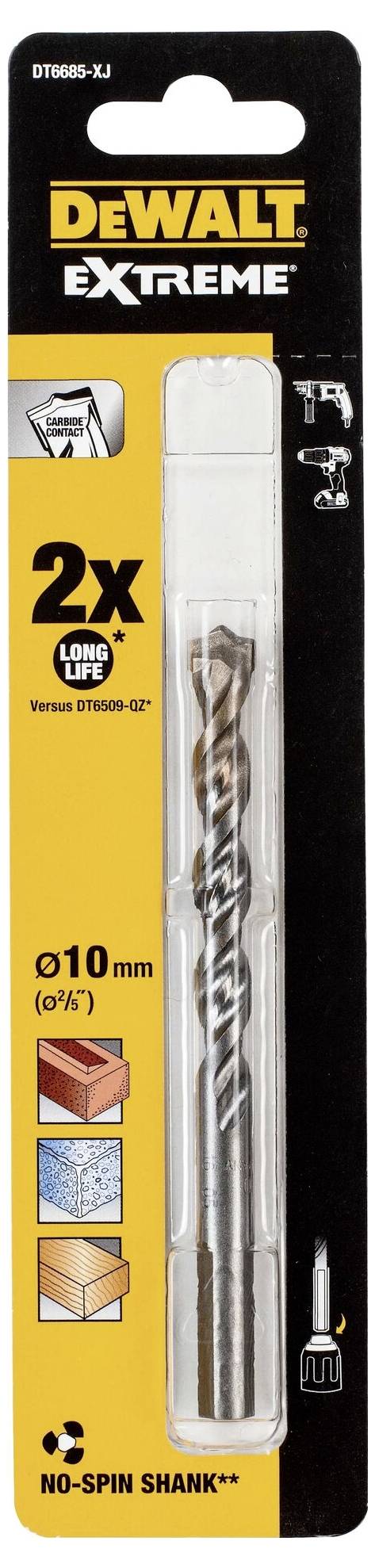 'DEWALT Extreme' Bohrerpackung mit einem 10mm Bohrer für Metall, Holz, Mauerwerk. Markierungen für '2X Lebensdauer' und 'No-Spin Shank'.