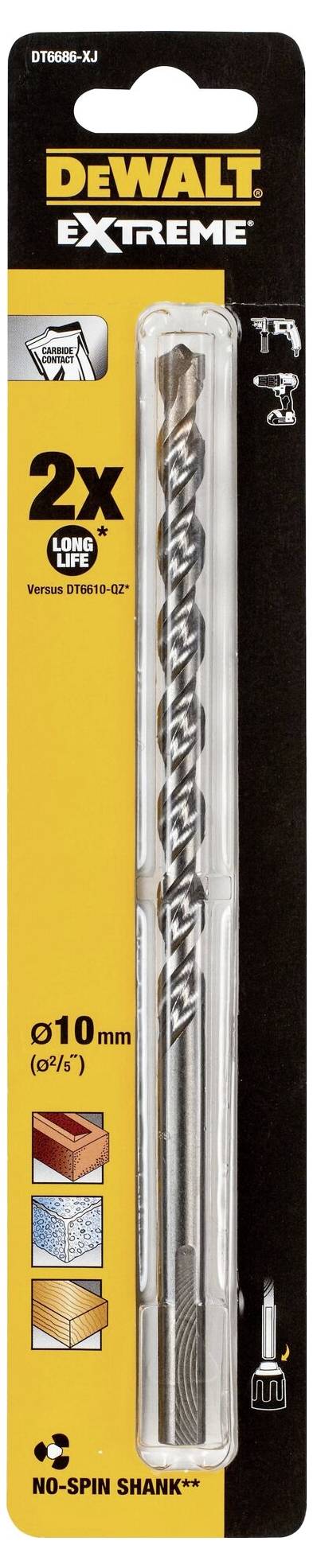 Bohrer von DeWalt Extreme, 10 mm Durchmesser. Geeignet für Holz, Metall und Ziegel. Verpacktes Produktbild.