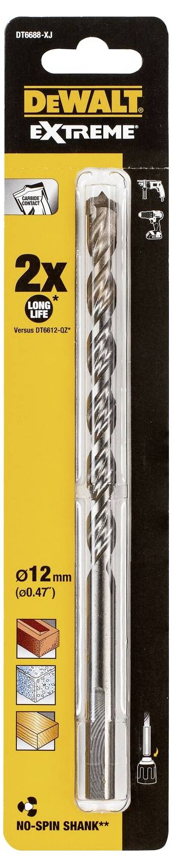 Verpackung eines DeWalt Extreme Bohrers mit 12 mm Durchmesser. Anzeige von 2x längerer Lebensdauer und 'No-Spin Shank' Merkmal.