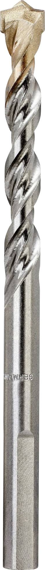 Ein metallischer Bohrer mit einer spiralförmigen Schneide und einer goldfarbenen Spitze, geeignet zum Bohren harter Materialien.