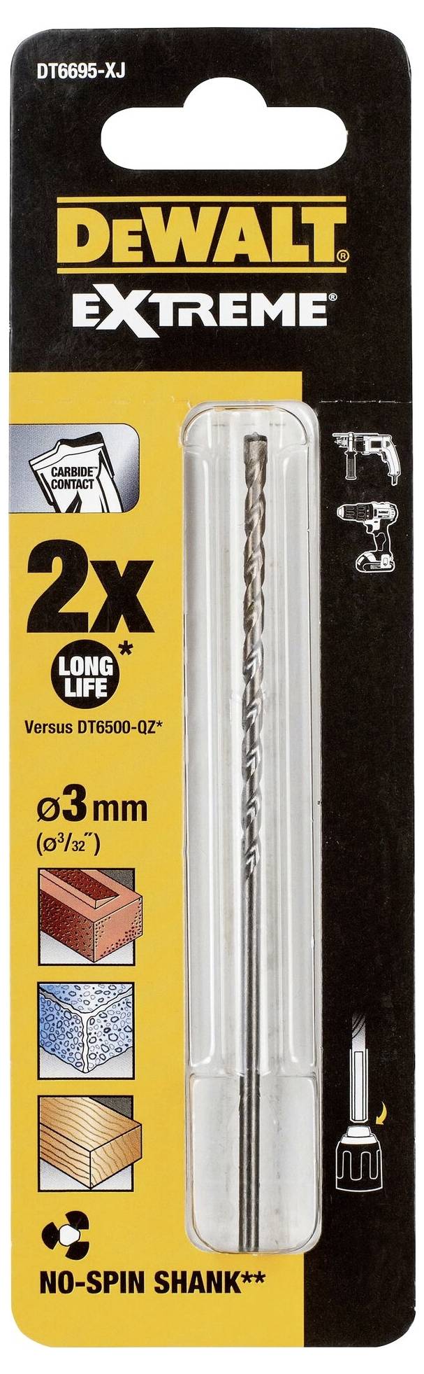 'DeWalt Extreme'-Verpackung mit einem Bohrer, 3 mm Durchmesser, für präzises Bohren in Beton, Mauerwerk, Metall und Kunststoff.