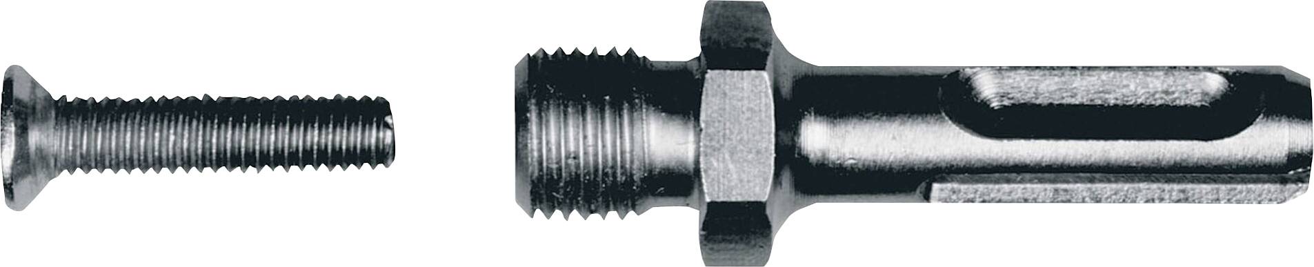 Zwei Metallteile: Links eine Schraube mit Gewinde, rechts eine Bolzen- oder Achskomponente mit geriffeltem Ende und Sechskantkopf.