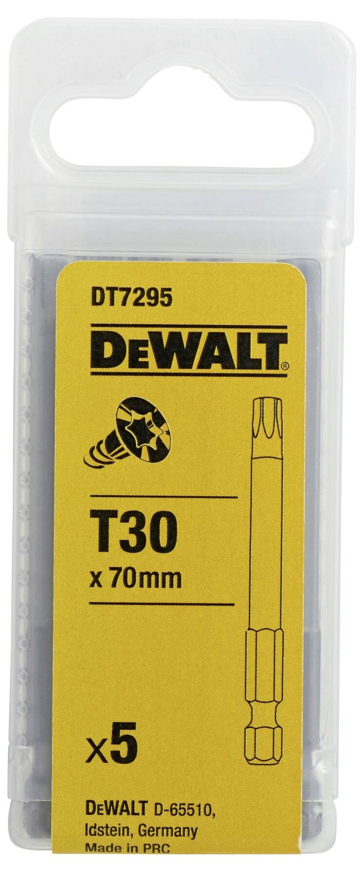 DeWALT T30 x 70mm, 5er-Pack. Schraubendreheraufsätze, Artikelnummer DT7295, hergestellt in PRC für DeWALT, Idstein, Deutschland.