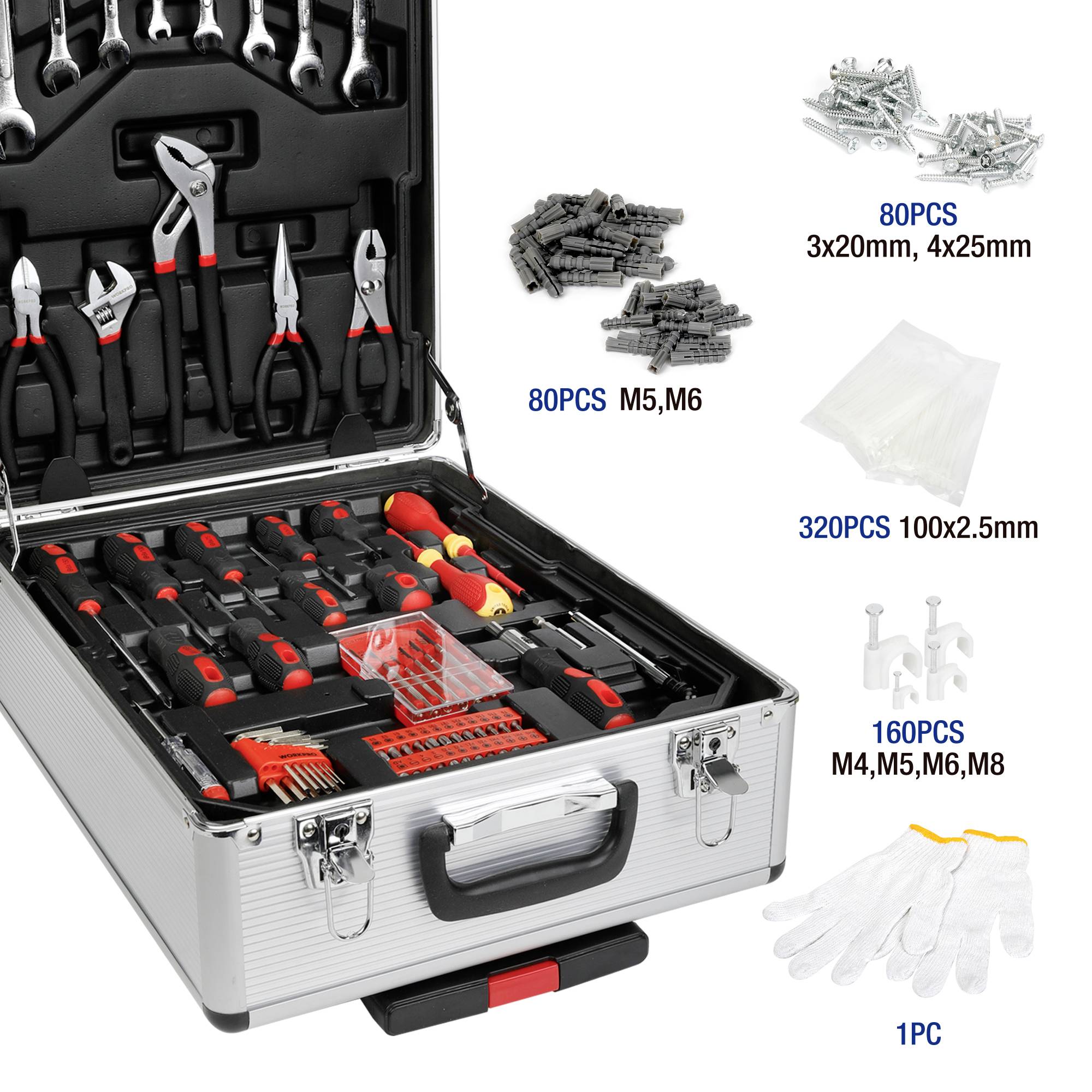 Werkzeugkoffer mit verschiedenen Werkzeugen wie Schraubendreher, Zangen, Schrauben und Dübeln. Inklusive Handschuhe. Ideal für Heimwerker.