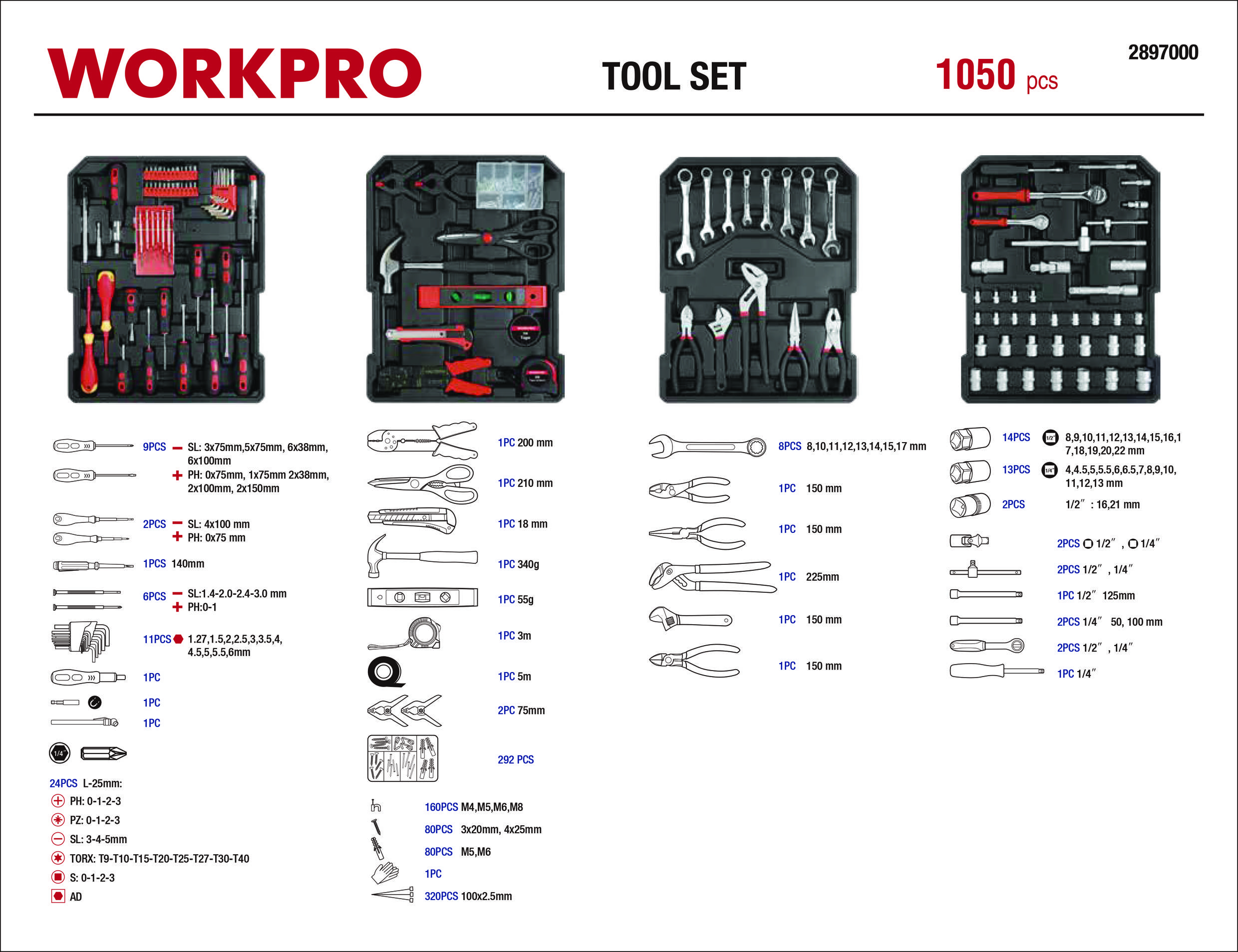 'WORKPRO Werkzeugset, 1050-teilig.' Bild zeigt geöffneten Werkzeugkoffer mit verschiedenen Werkzeugen. Verschiedene Werkzeuggrößen und -arten sind aufgelistet.
