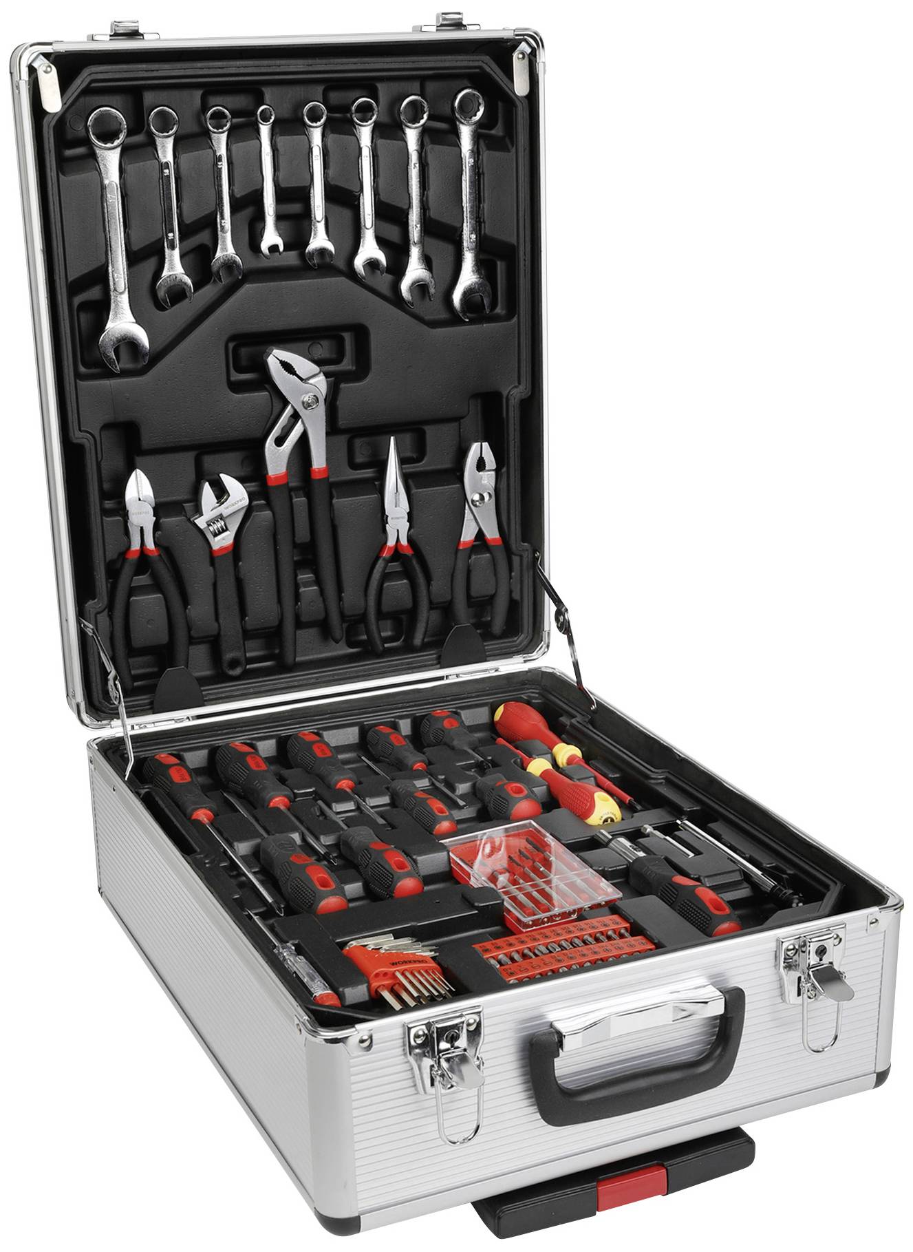 Ein offener Werkzeugkoffer mit verschiedenen Werkzeugen, darunter Schraubenschlüssel, Zangen und Schraubendreher, aufgereiht und ordentlich angeordnet.