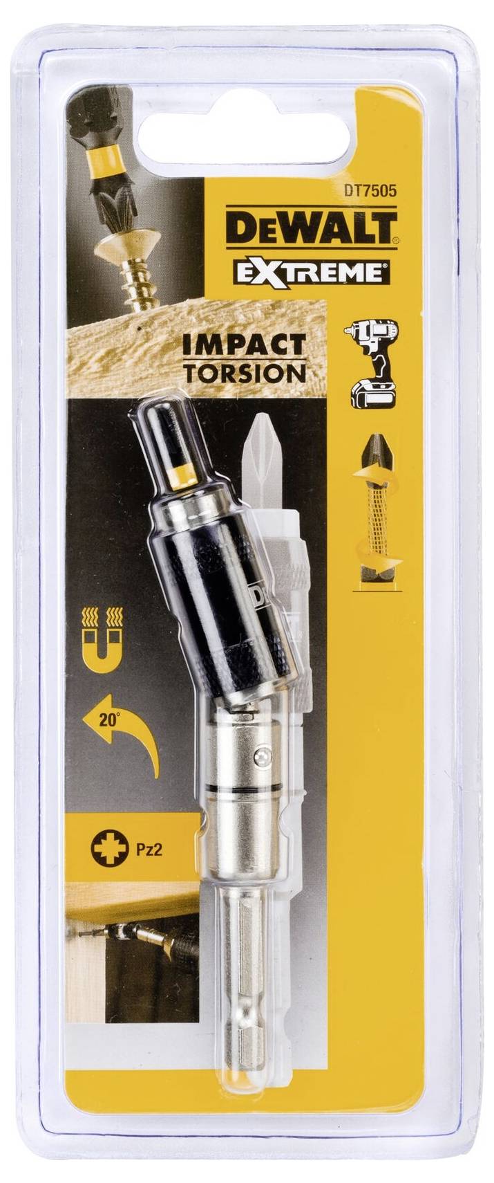 Verpackung einer 'DeWalt Extreme Impact Torsion'-Bitverlängerung zeigt Produktabbildung, Markenlogo und Produktdetails.