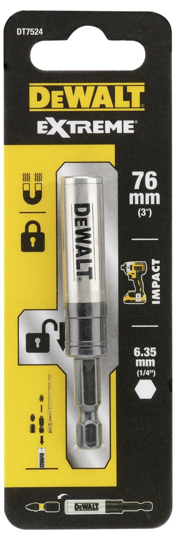 'DEWALT Extreme' Schraubendreher-Bit-Verpackung, 76 mm Länge, 6,35 mm Breite, geeignet für Schlagbohrer, farblich gelb und schwarz gestaltet.