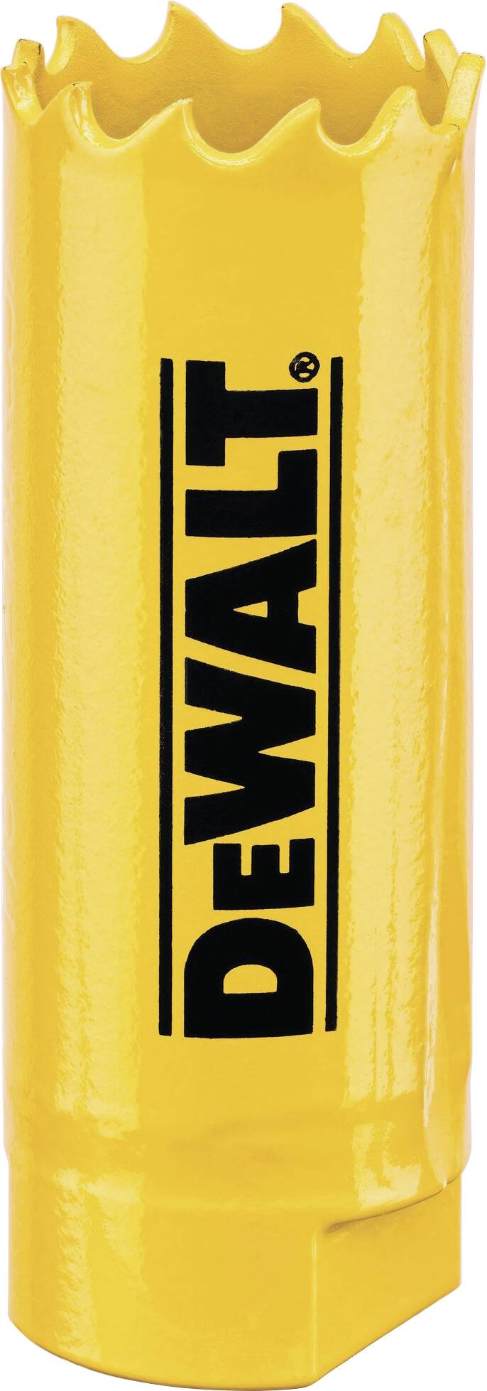 Gelbes Lochsägenblatt mit schwarzem 'DeWalt'-Logo, gezacktem Rand für das Bohren.