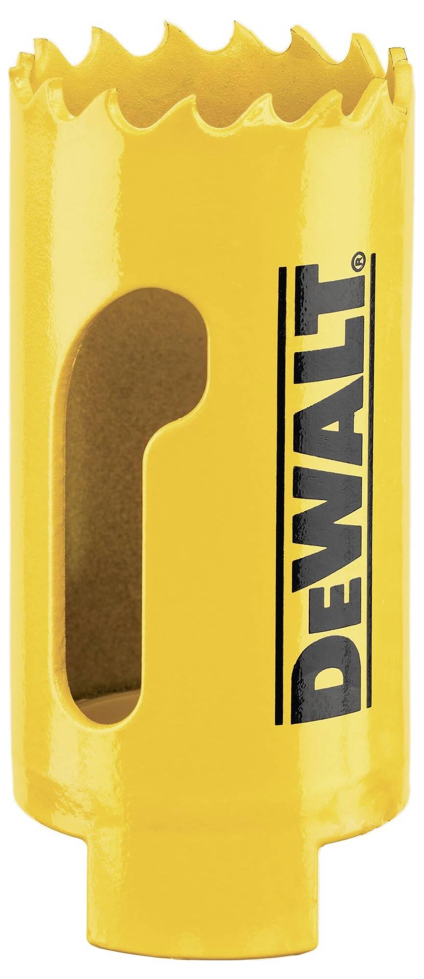 Gelbes Bohrkronenwerkzeug mit gezahntem Rand und 'DEWALT'-Logo, zur Bearbeitung von Materialien.