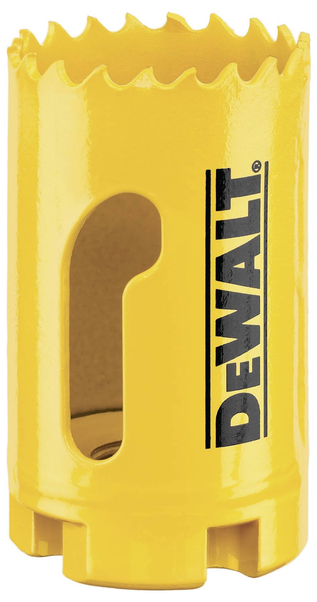 Bohrkrone der Marke Dewalt, gelb, mit gezacktem Rand und seitlichem Einschnitt. Geeignet für präzises Bohren in verschiedene Materialien.