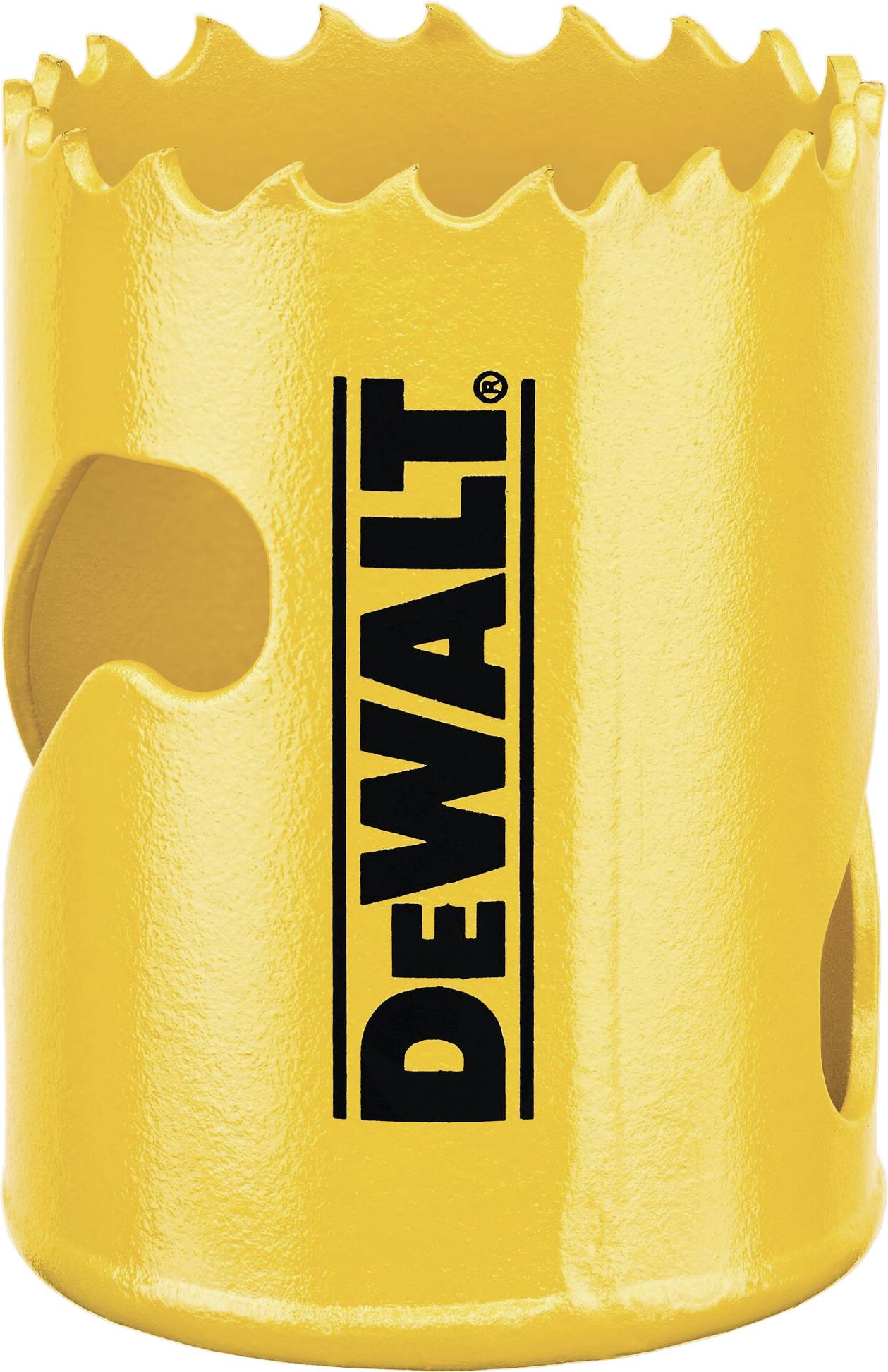 Ein gelber Dewalt Lochsägeaufsatz mit gezacktem Rand und schwarzem Logo auf der Seite, für Bohrmaschinen geeignet.