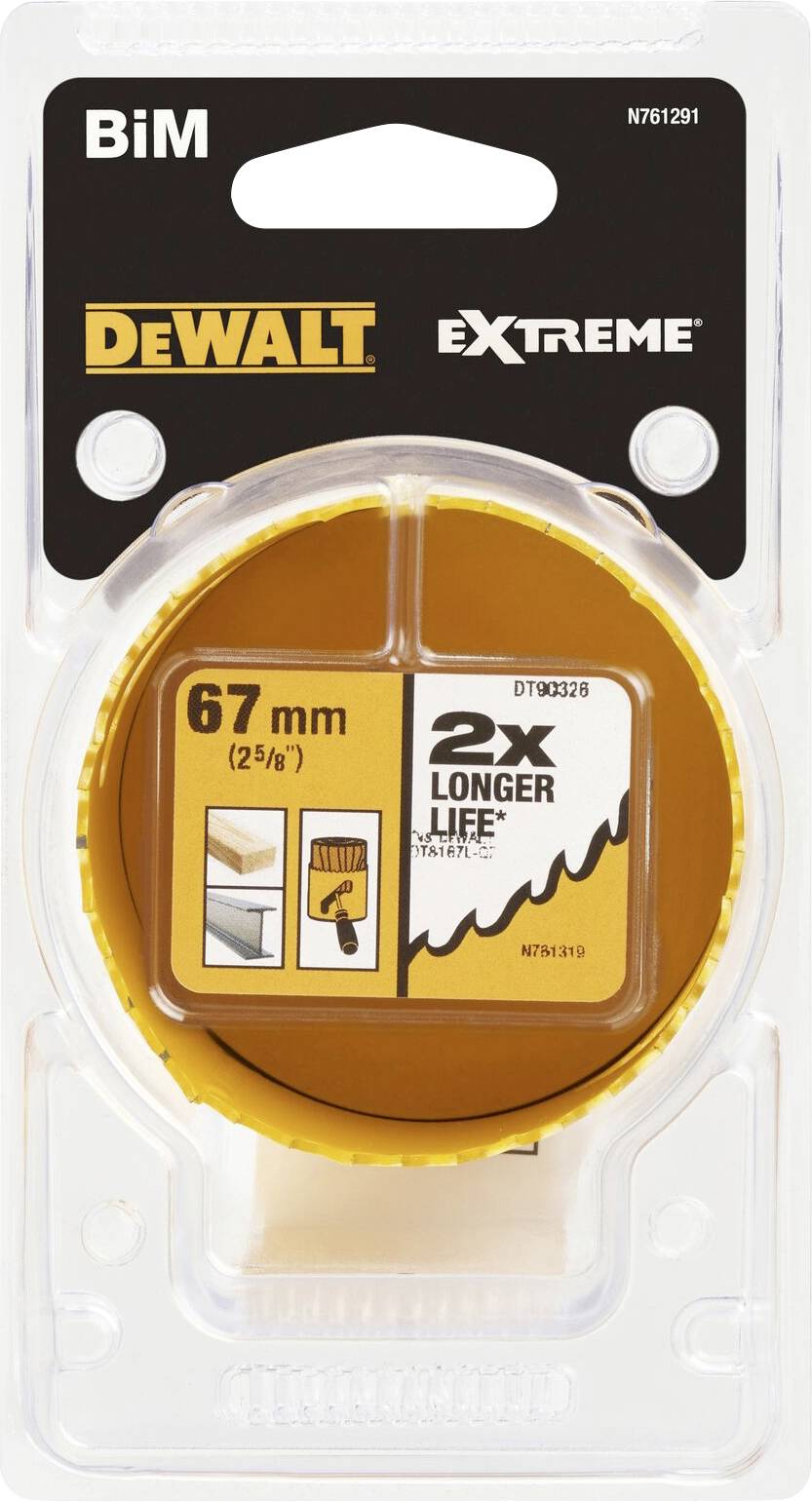 Verpackung für 'DeWalt Extreme' Lochsäge, 67 mm. Verspricht '2x längere Lebensdauer'.