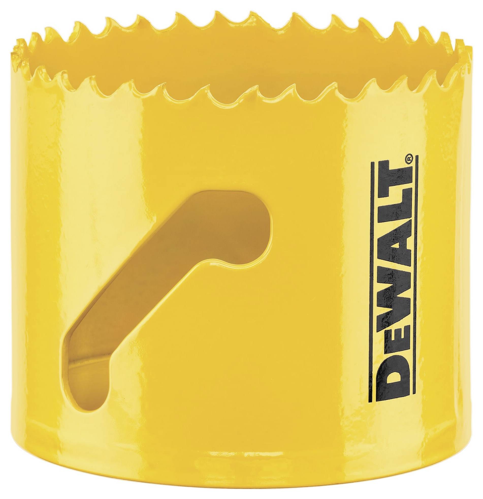 Gelbes Lochsägeblatt der Marke DEWALT mit gezacktem Rand, geeignet für Arbeiten auf Baustellen oder in Werkstätten.